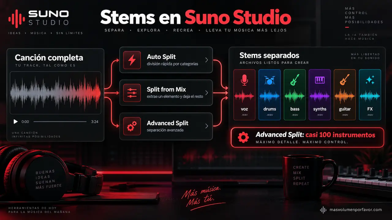 Separación de stems en Suno Studio con Auto Split, Split from Mix y Advanced Split para voz, drums, bass, synths, guitar y FX