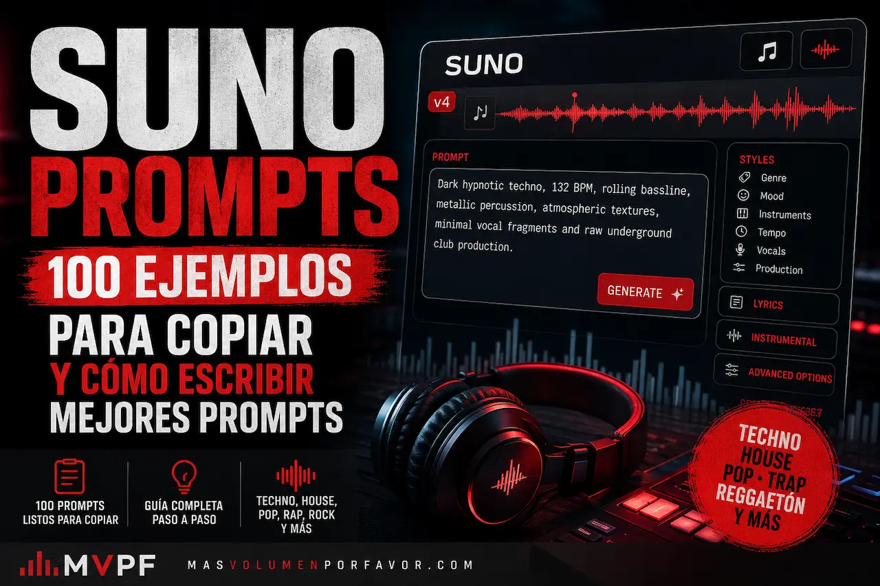 Suno Prompts con 100 ejemplos para copiar y guía para escribir mejores prompts