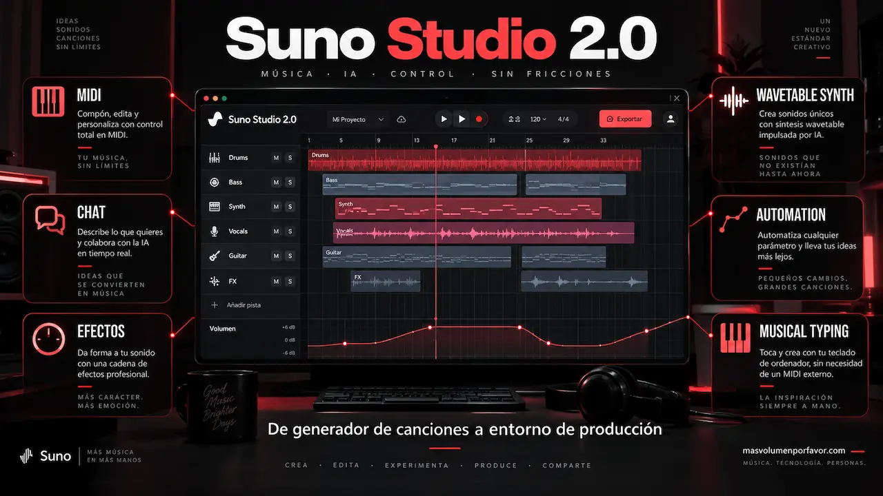 Suno Studio 2.0 con MIDI, chat, efectos, sintetizador wavetable, automatización y musical typing