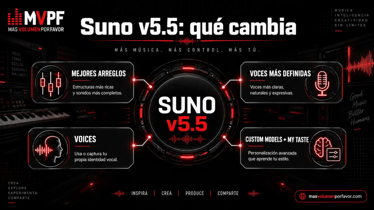 Novedades de Suno v5.5 con mejores arreglos, voces más definidas, Voices y Custom Models