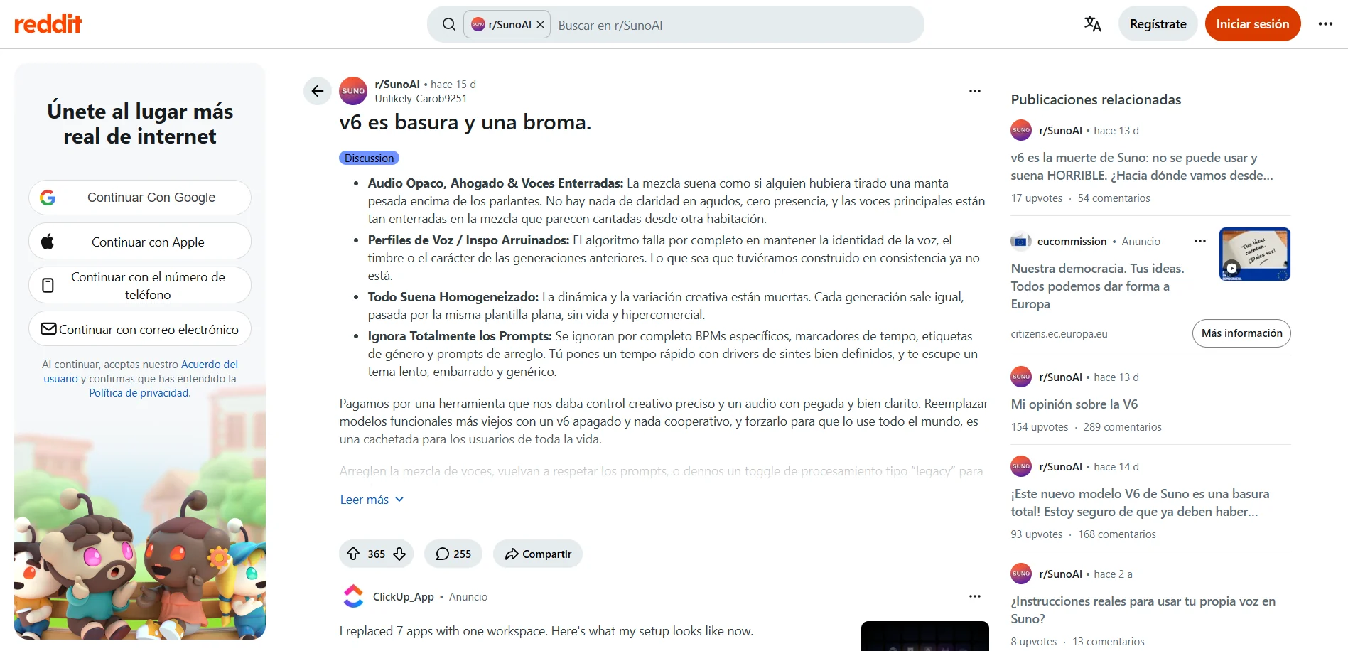 Críticas de usuarios de Reddit a Suno v6 por sonido y creatividad