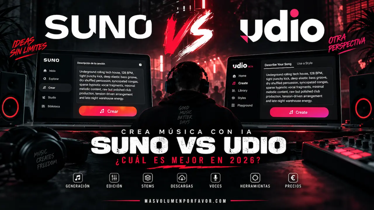 Comparativa Suno vs Udio en 2026 para crear música con IA, con generación, edición, stems, descargas, voces y precios