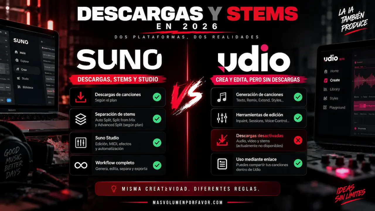 Diferencias en descargas de canciones y separación de stems en 2026