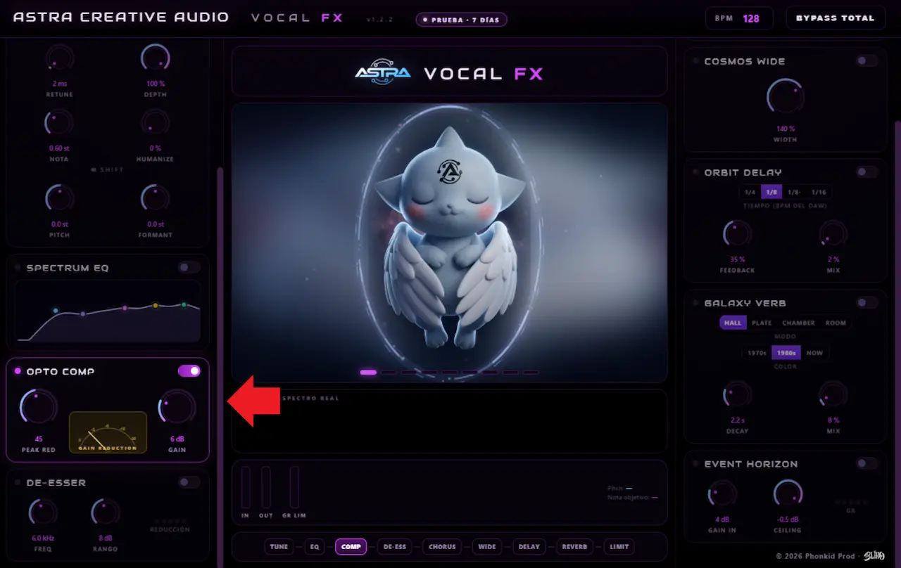 Compresor OPTO COMP de Astra A-Vocal FX activo durante una prueba aislada