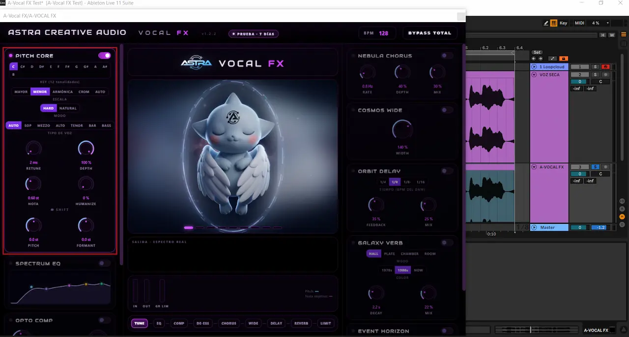 Pitch Core de Astra A-Vocal FX activo en Ableton Live durante una prueba de afinación vocal
