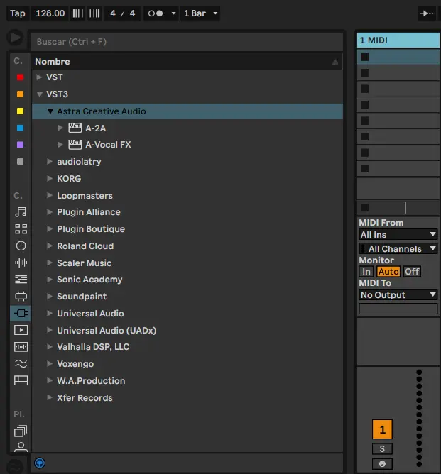 A-Vocal FX detectado como plugin VST3 de Astra Creative Audio en Ableton Live 11
