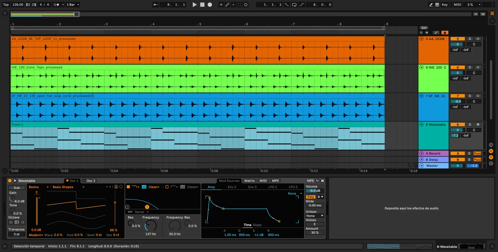 Captura de Ableton Live 11 con pistas de audio, secuencias MIDI y el sintetizador Wavetable abierto.