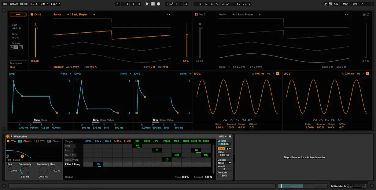 Captura del sintetizador Wavetable de Ableton Live 11 con osciladores, envolventes, LFO y matriz de modulación.