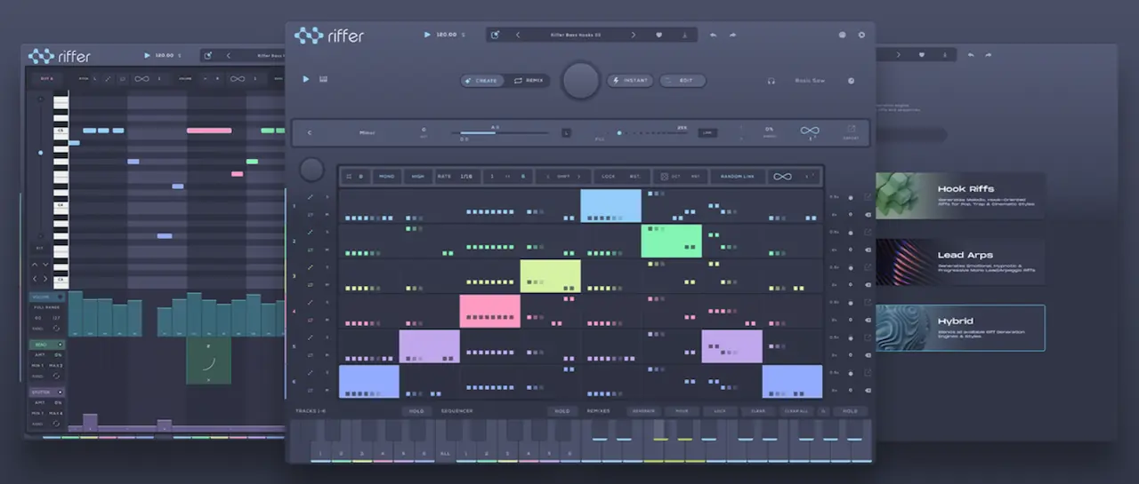 Interfaz de Audiomodern Riffer 4 con secuenciador multipista, editor MIDI y selector de motores