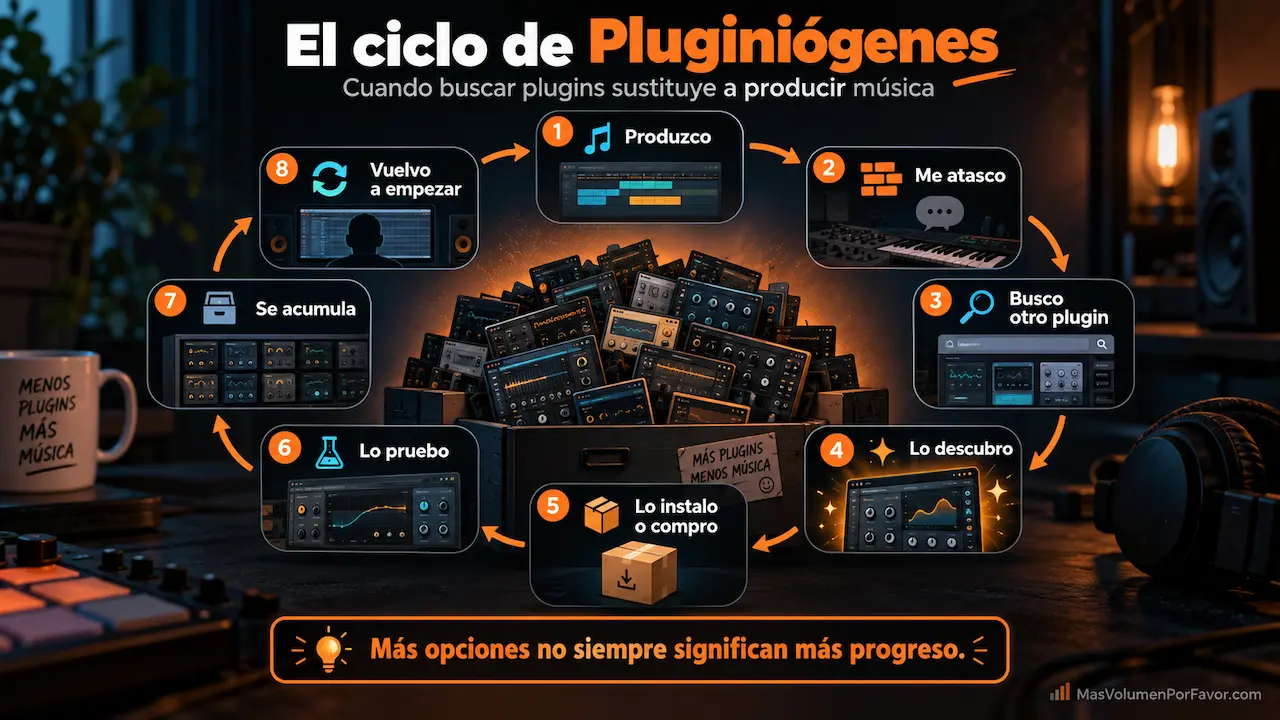 Infografía del ciclo de Pluginiógenes: producir, bloquearse, buscar otro plugin, probarlo y volver a empezar