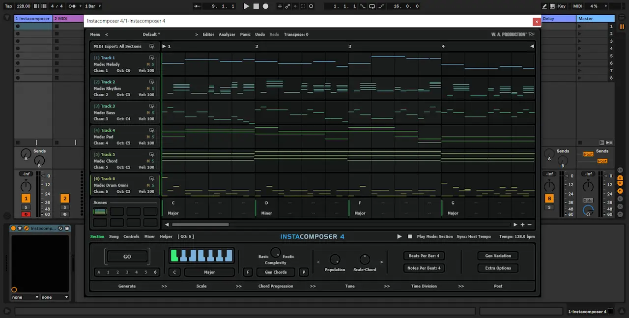 InstaComposer 4 funcionando en Ableton Live 11 con seis pistas MIDI generadas