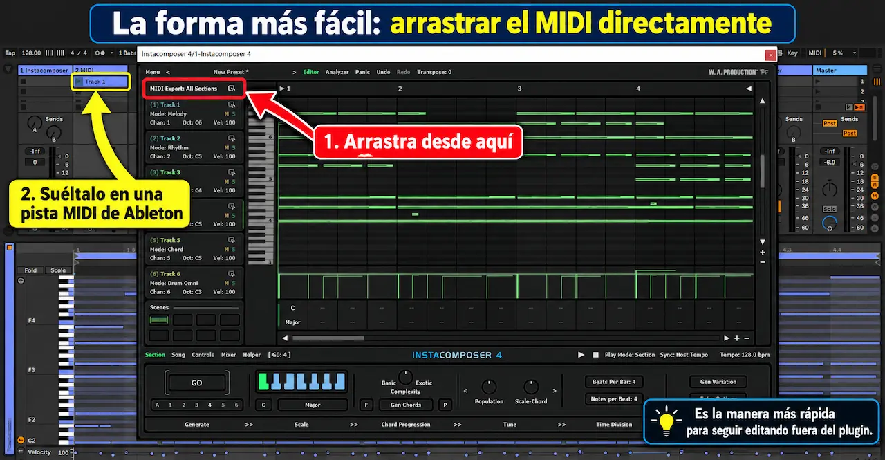 Arrastrar MIDI desde InstaComposer 4 a una pista MIDI de Ableton Live
