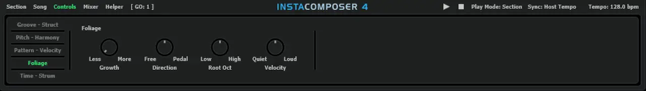 Controles Foliage de InstaComposer 4 con Growth, Direction, Root Oct y Velocity