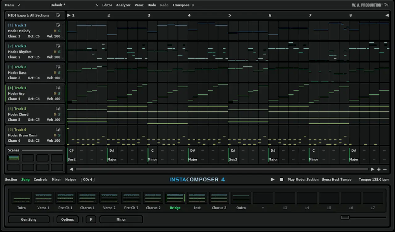 Modo Full Song de InstaComposer 4 con estructura completa y varias pistas MIDI