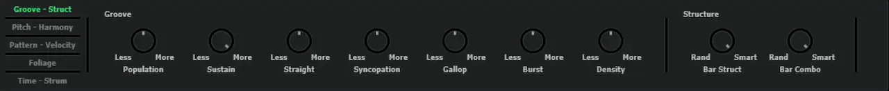 Groove Controls de InstaComposer 4 con Population, Sustain, Syncopation, Gallop, Burst y Congestion.