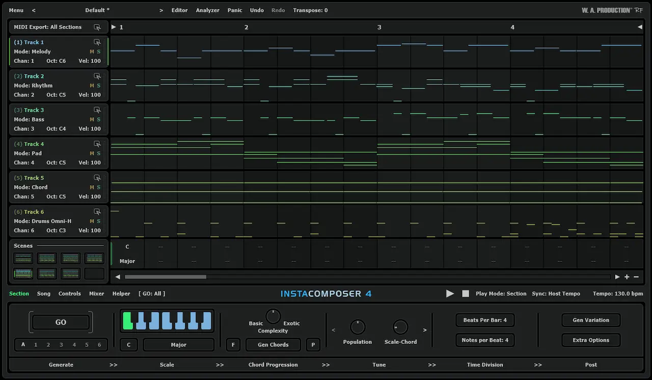 Interfaz oficial de InstaComposer 4 con seis pistas MIDI y controles de composición