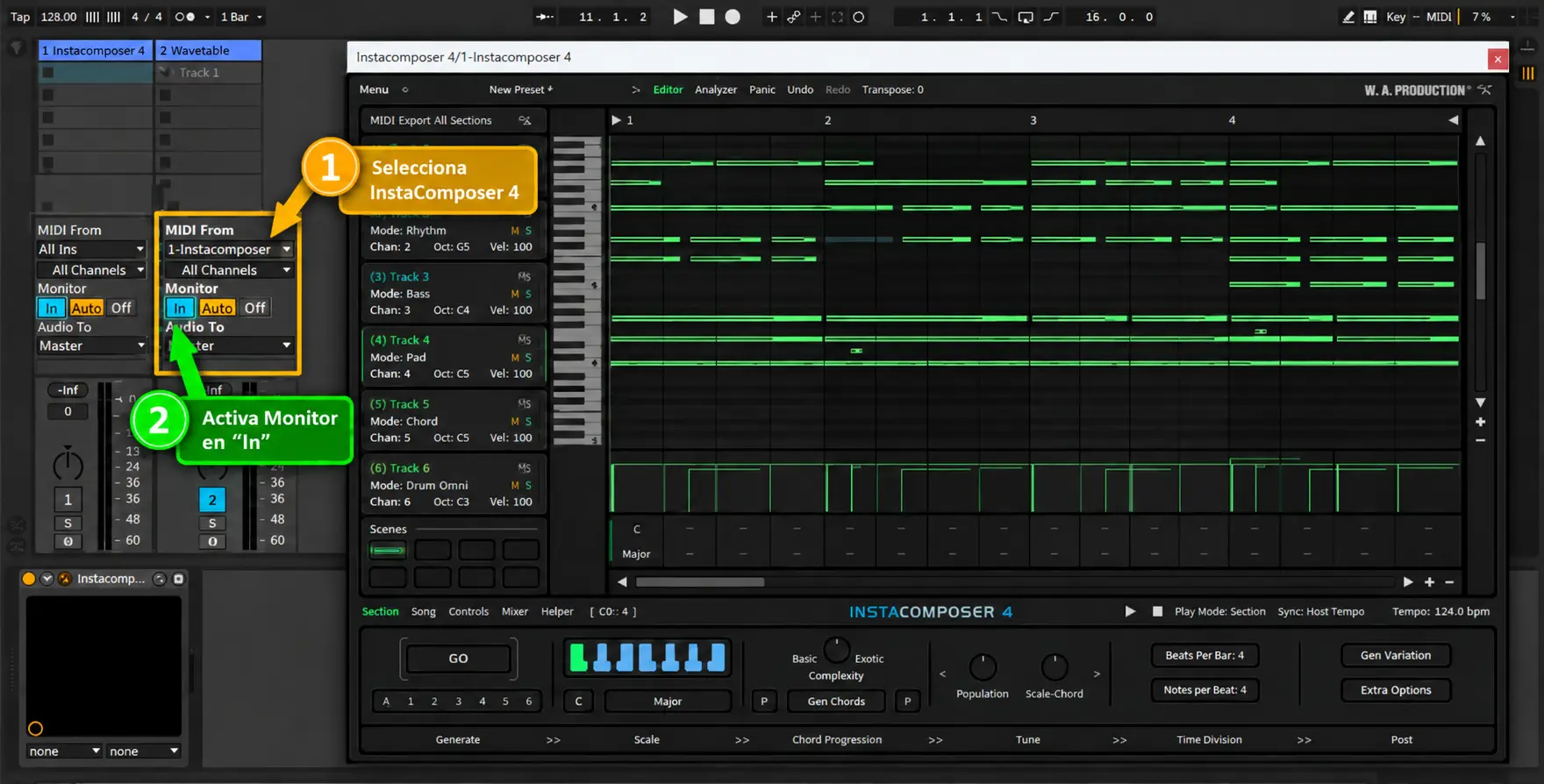 Configuración MIDI From y Monitor In para rutear InstaComposer 4 en Ableton Live