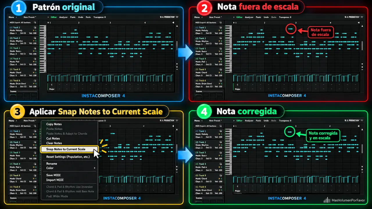 Ejemplo de Snap Notes to Current Scale en InstaComposer 4 corrigiendo una nota fuera de escala