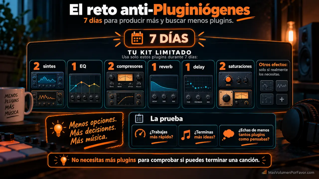 Infografía del reto anti-Pluginiógenes de 7 días con un kit limitado de plugins para producir más y buscar menos